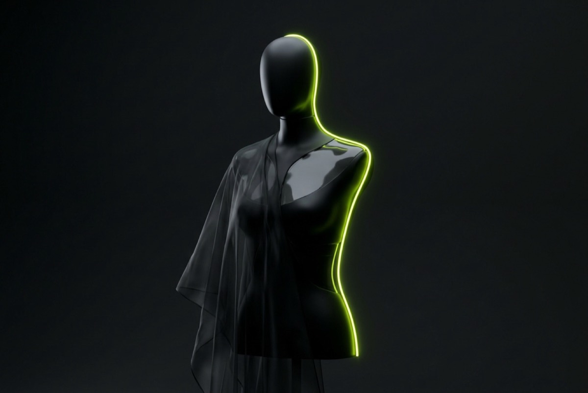 Glossy black glass mannequin traced by a rim light