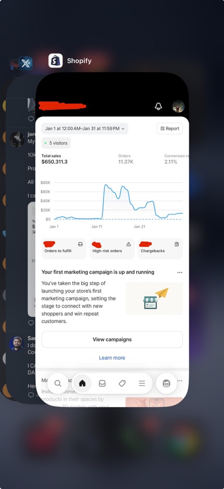 Shopify analytics showing 957 thousand dollars in one month
