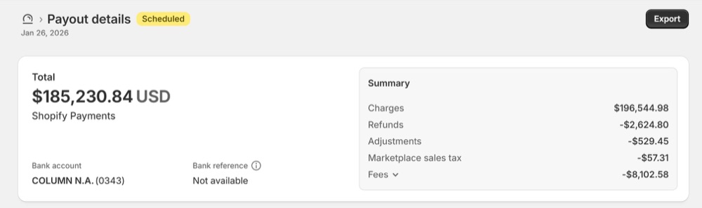 Shopify payout screenshot