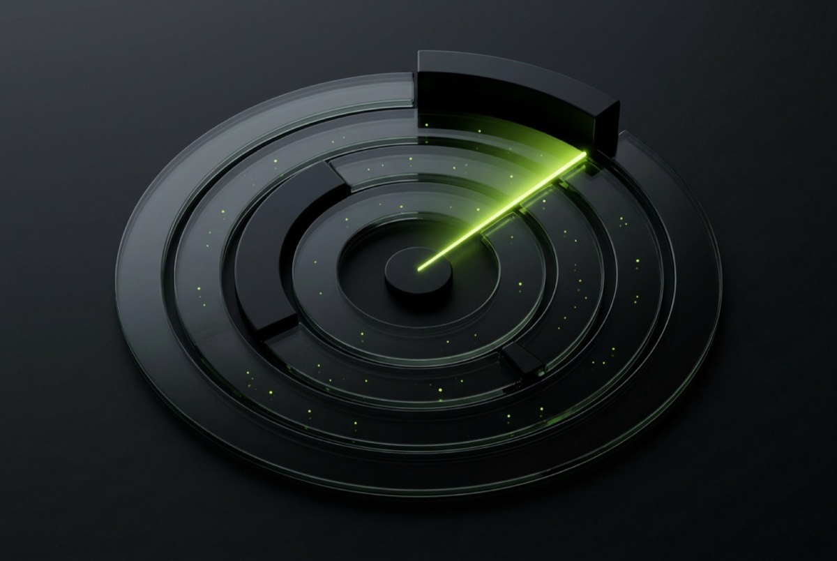 Dark glass radar rings with a glowing sweep beam