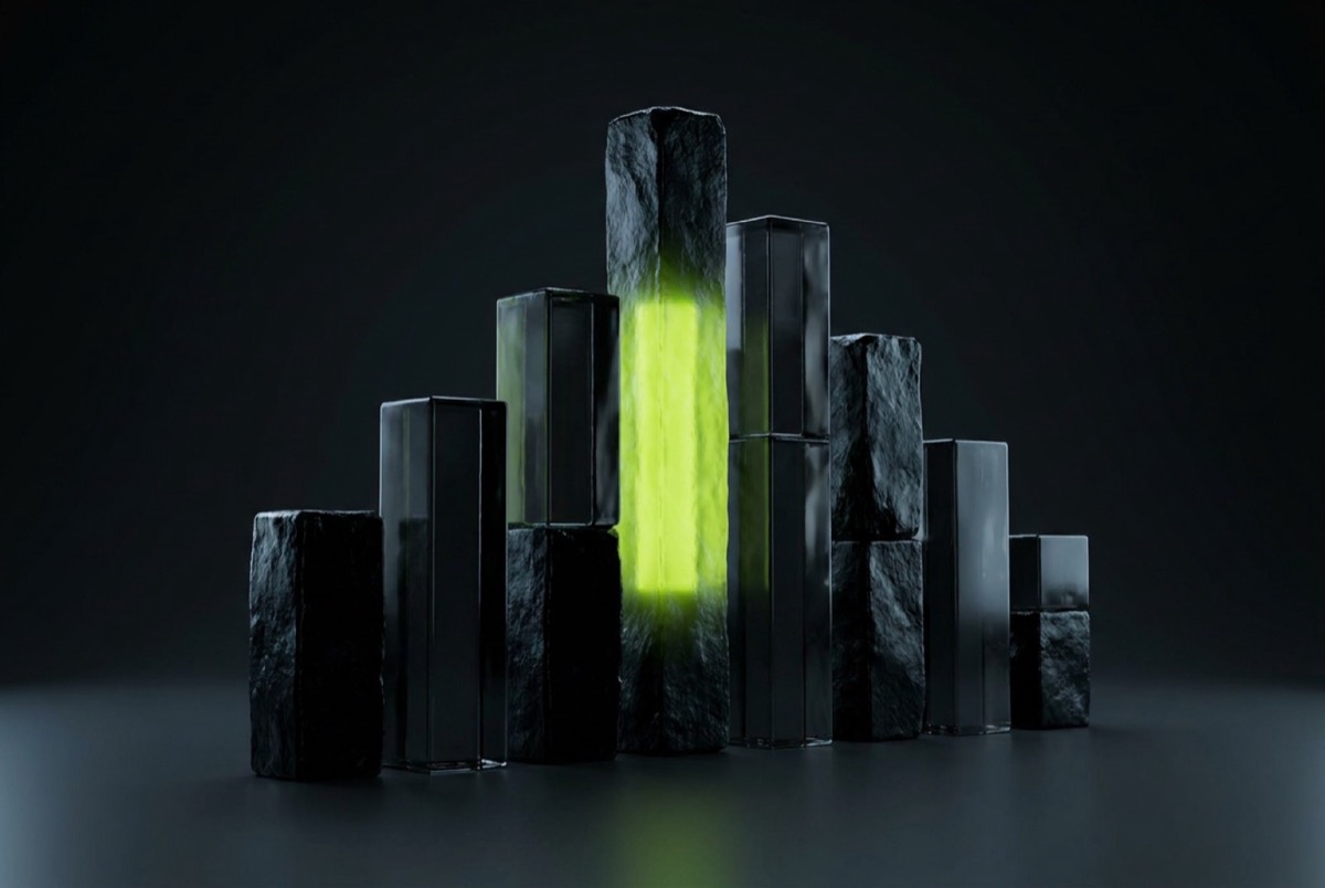 Black obsidian bars at varied heights, one glowing from within